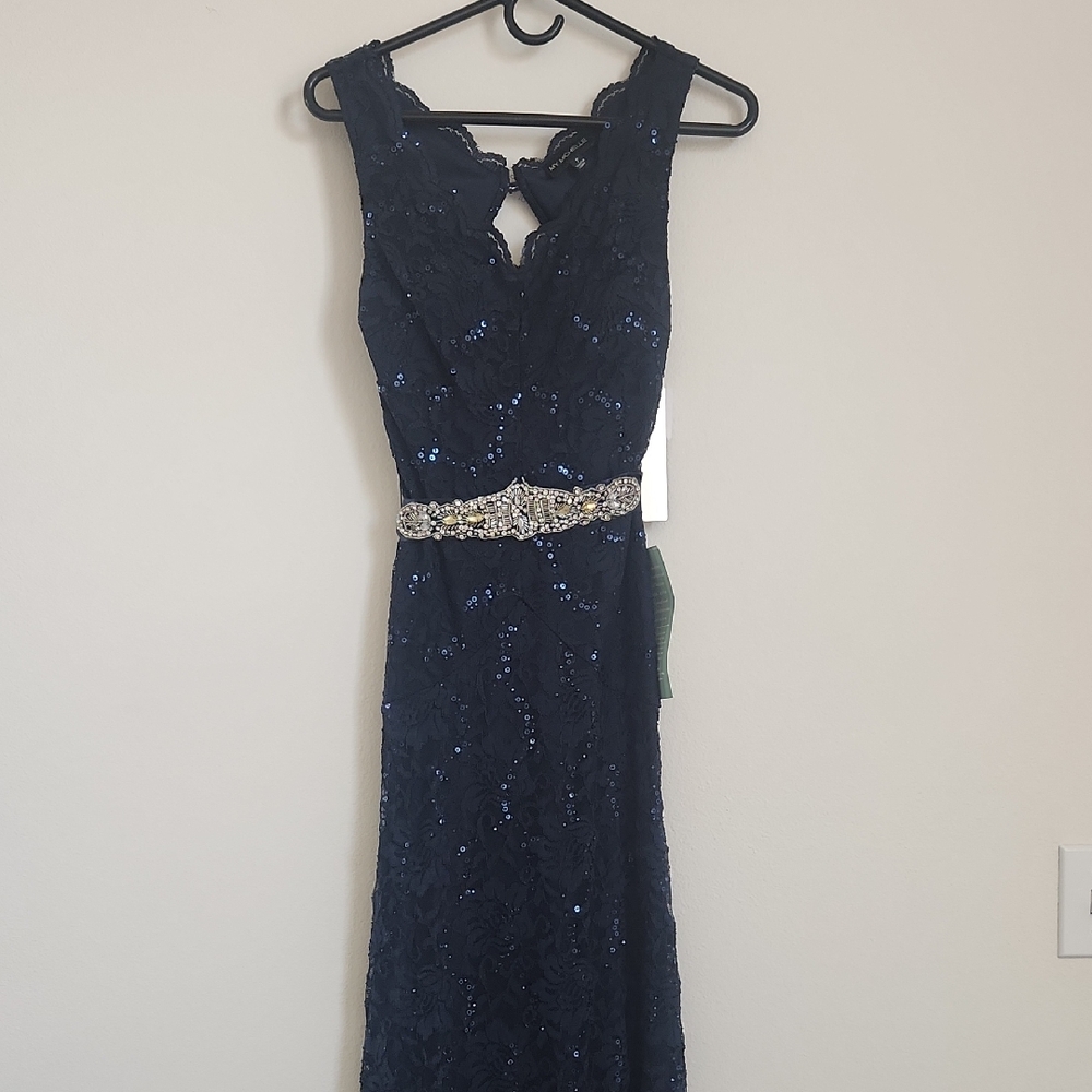 My Michelle Navy Blue Formal Prom Lace Sequin Open Back Sleeveless Gown